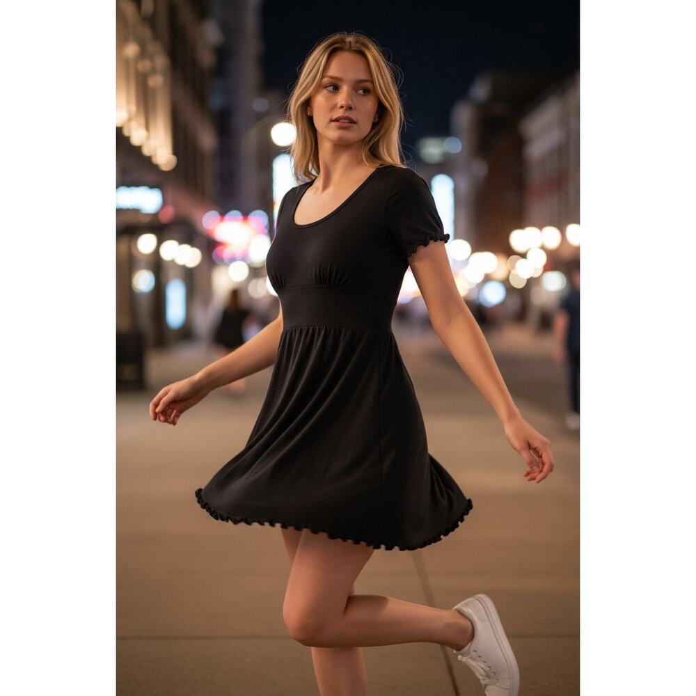 Y2k whimsigoth black scalloped hem silky‎ black mini dress